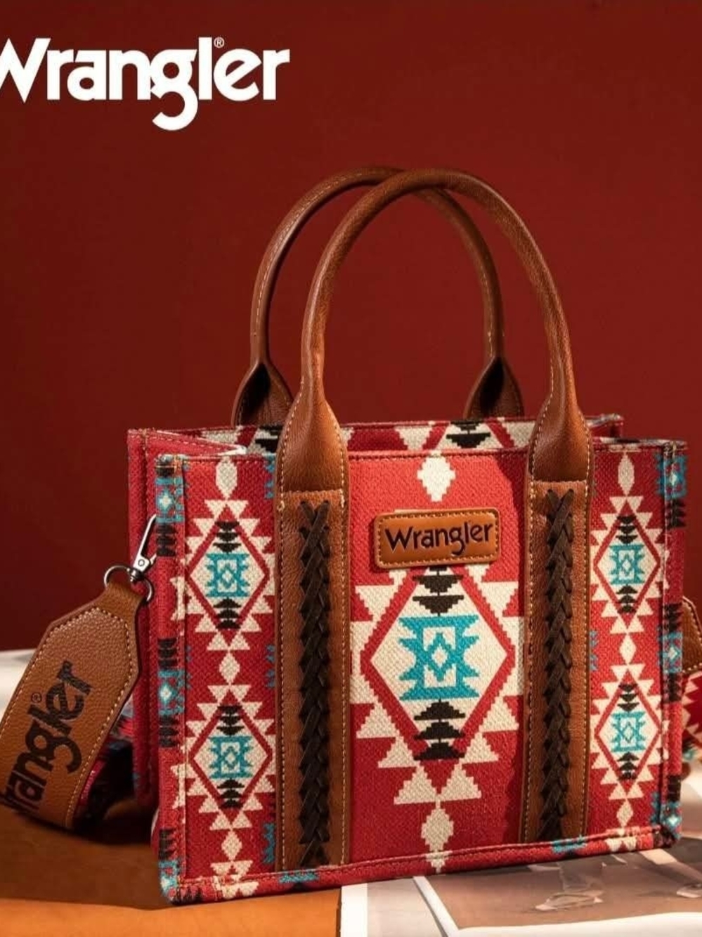 Wrangler Red Aztec Tote with Brown Leather Trim and Turquoise Accents
